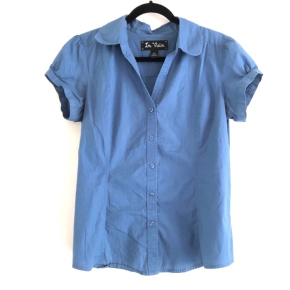 In Vain Tops - in vain Blue Button Down Shirt with Puff Sleeves